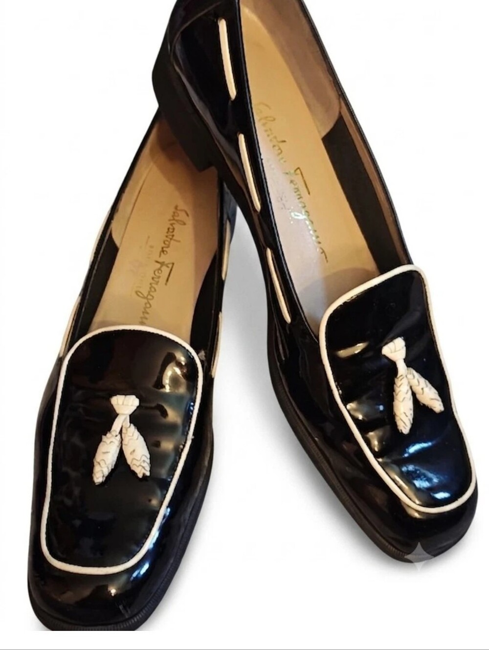 Salvatore Ferragamo Black Patent Loafers with White Trim and Tassel Detail - Picture 4 of 4